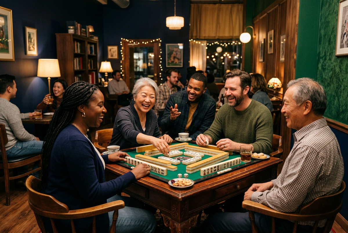 People gathered around a mahjong game